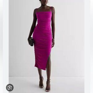 Express Body Contour Mesh Ruched Side Slit Midi Dress With Bra Cups in PINK!